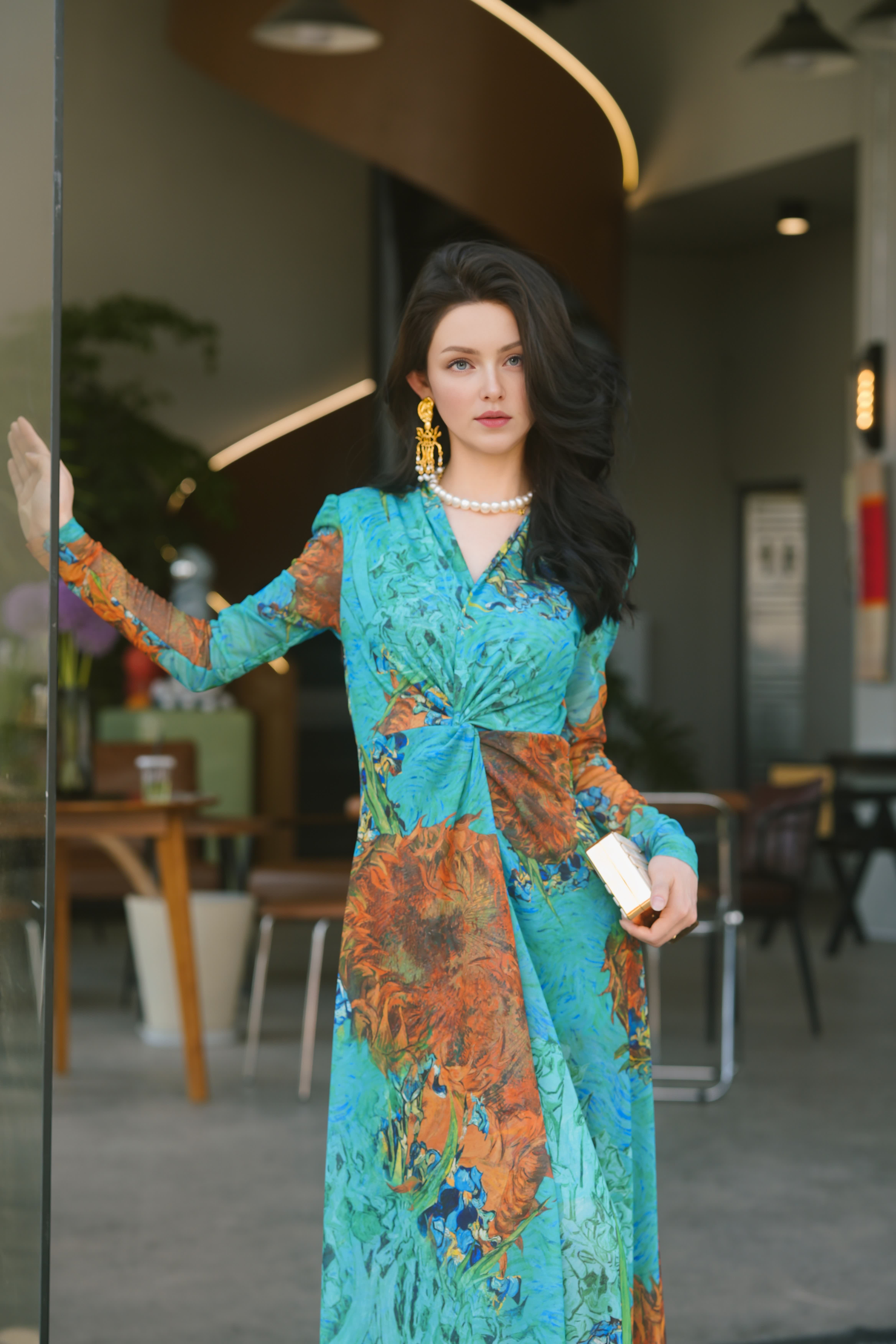 HZHJ new original designer oil painting sunflower dress appears white and slim, high-end