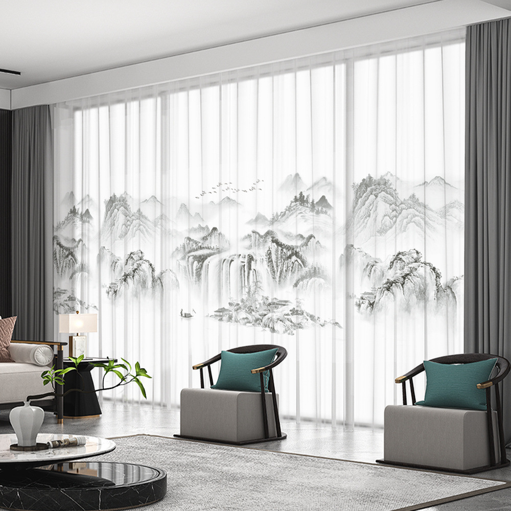 YL-36627 New Chinese style landscape painting all-match chiffon window screen living room bedroom tea house temple light-transmitting and non-transmit