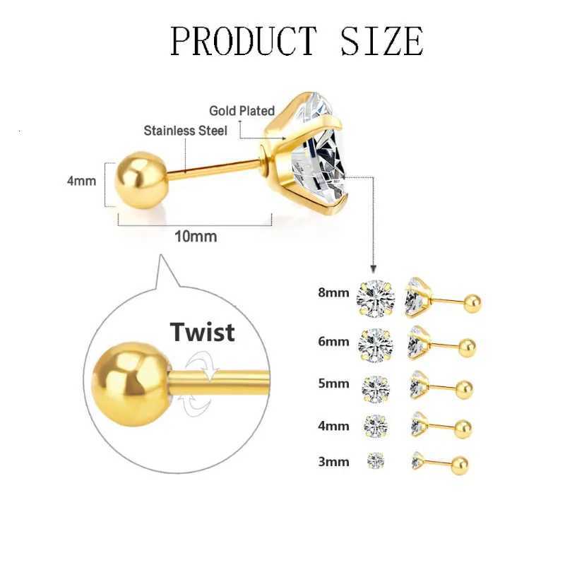 2Pcs Shiny Crystal Zircon Stud Earrings for Women and Men Round Beads Screw Back Needle CZ Ear Jewelry Stainless Steel 3-8mm XJ250718