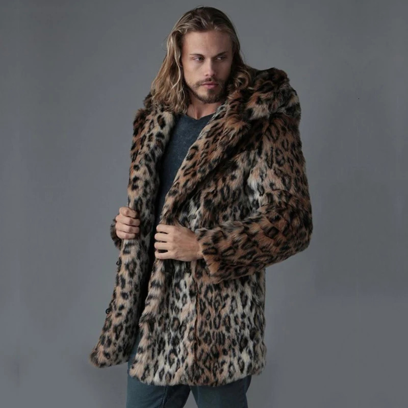 Plus Size Faux Fur Jacket For Men Winter Male Leopard Fur Jacket Long Style Hooded Fur Overcoat Warm Men Fur Outerwear leisure 250715