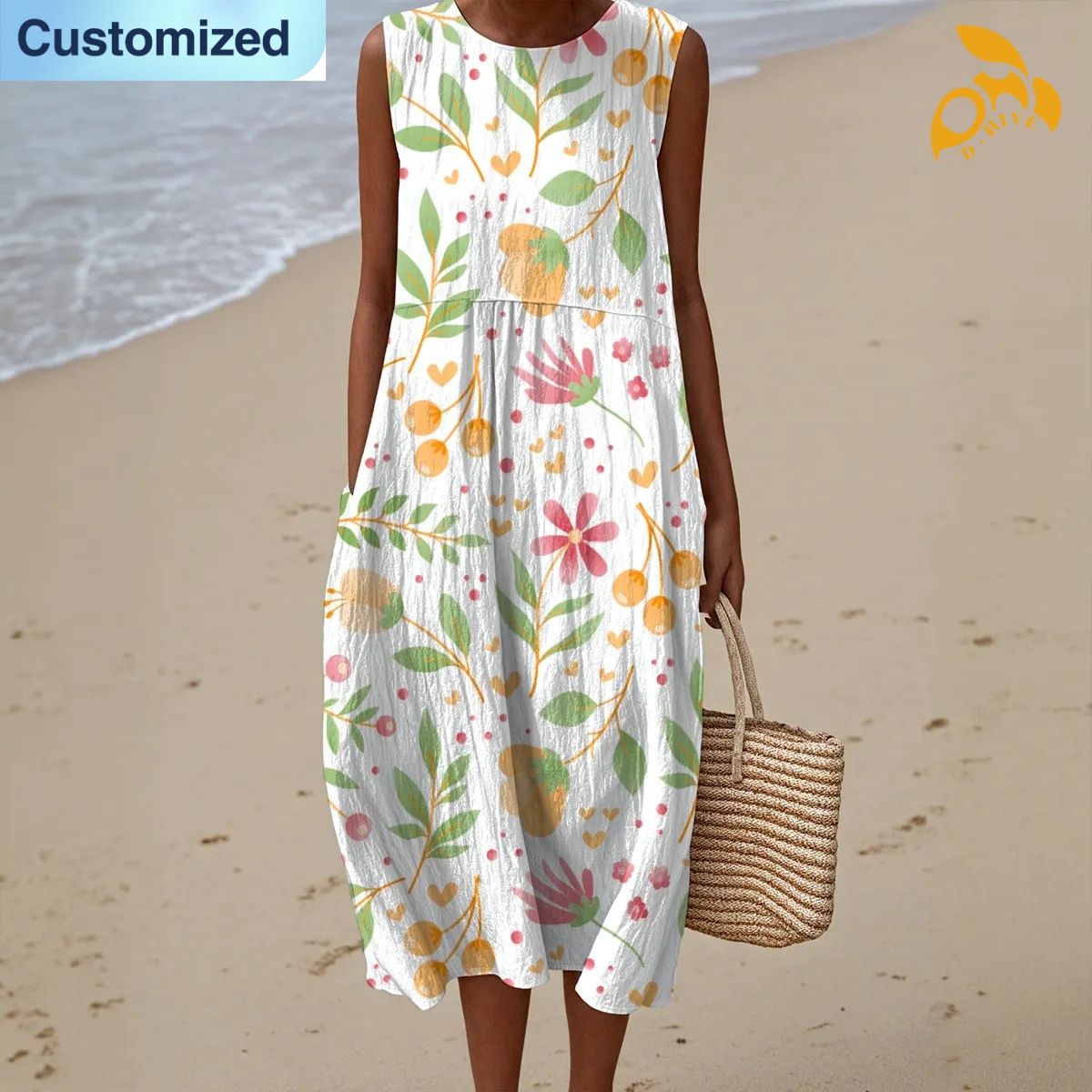 free shipping designer of customized soft comfortable full-body printed sleeveless women's dress with exquisite patterns from US