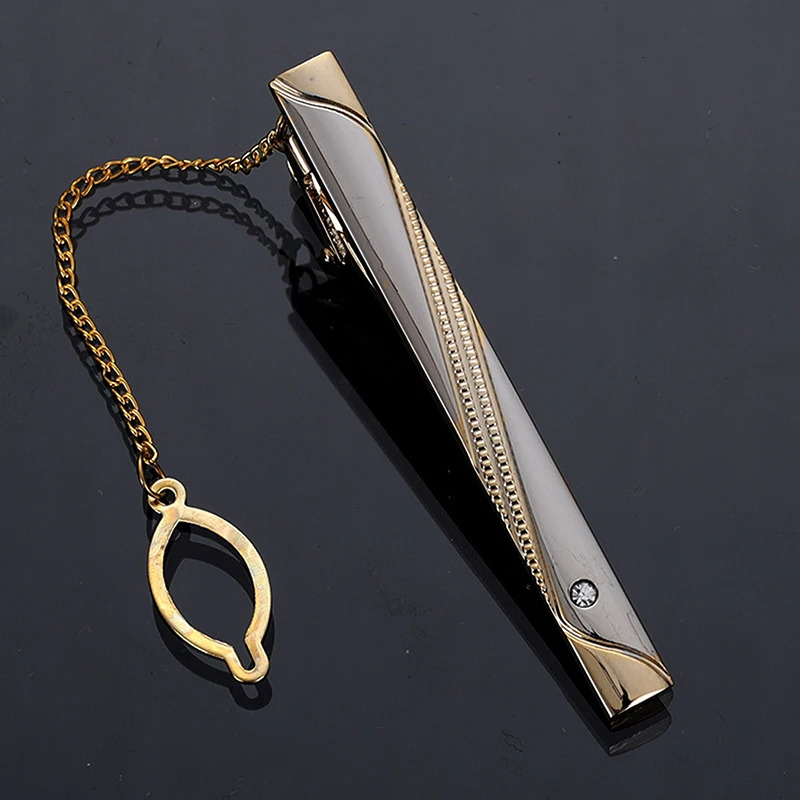 Metal Gold Color Tie Clip With Chain For Men Wedding Necktie Clasp Gentleman Ties Bar Pin Mens Accessories 250715