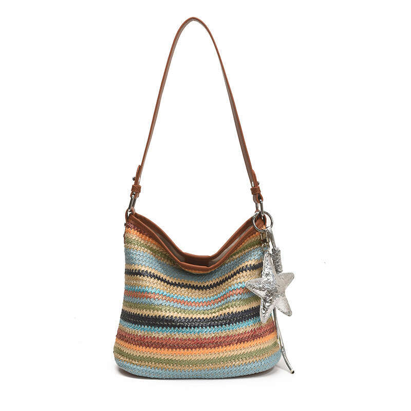 Rainbow Striped Straw Fashion Single Shoulder 2025 Summer New Women's Crossbody Handheld Woven Bucket Bag