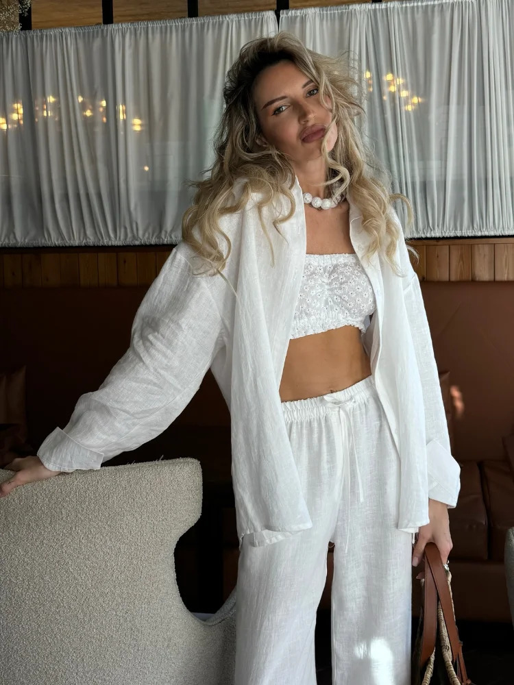 Classic Solid Elastic Waist Drawstring Pants Suit Women Casual Cotton Linen Button Down Shirt Set Loose Lady Vacation Streetwear 250715