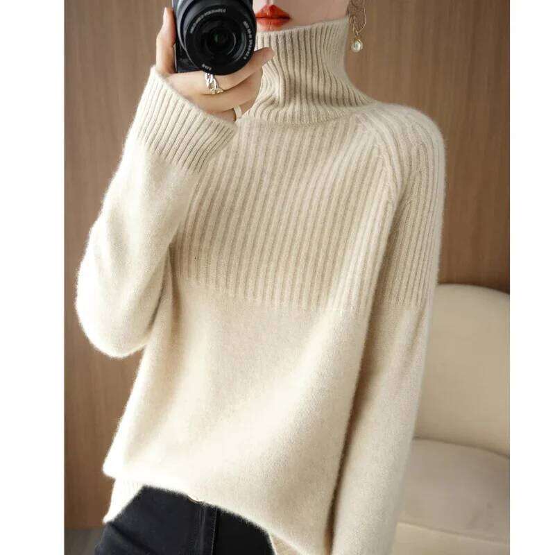 Winter High Neck Sweater Women New Loose Pullover Autumn Warm Cashmere Knitted Women's Long Sleeve Top Solid Color Comfortable MDNG