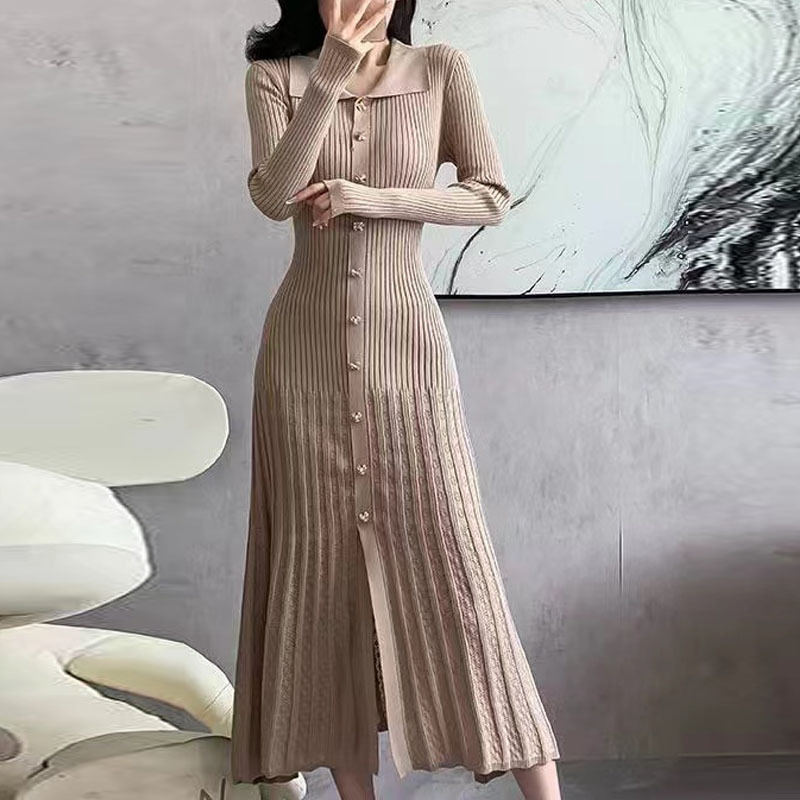 new Designer free shipping lapel knit dress for women slim fit waist hugging long skirt short sleeved hollow knit dress