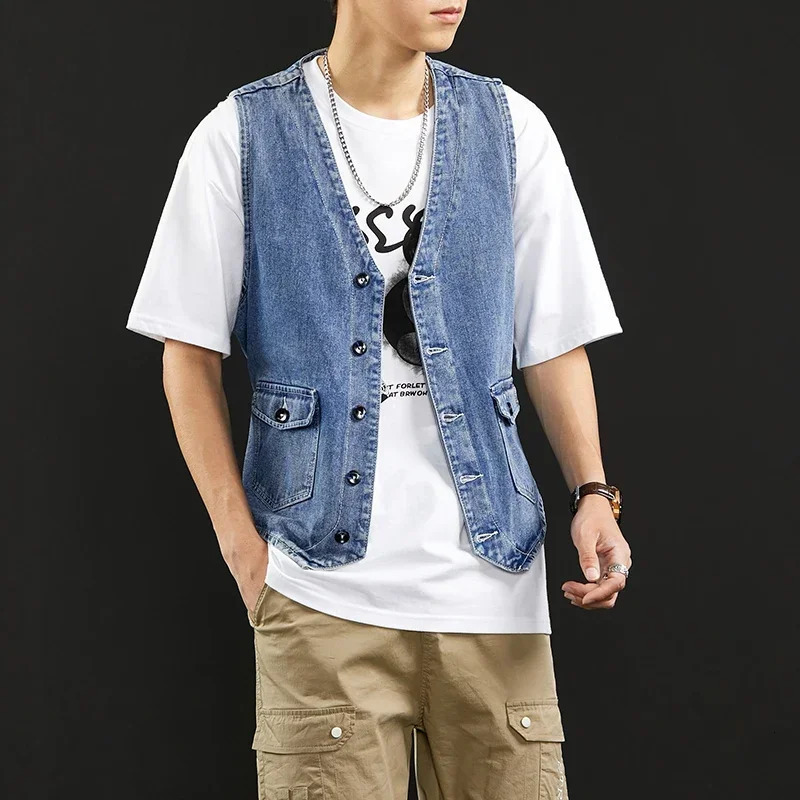 TFETTERS Summer Denim Vest Men Japanese Casual Loose Washed Old Sleeveless Coat Fashion Solid Color Collarless Jacket 250707