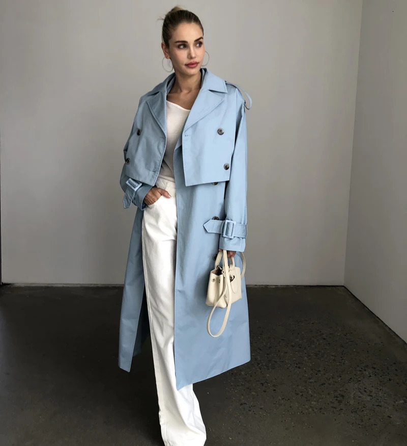2025 Women Fashion Fall Autumn 2 piece long trench coat Female outerwear blue Khaki 250715