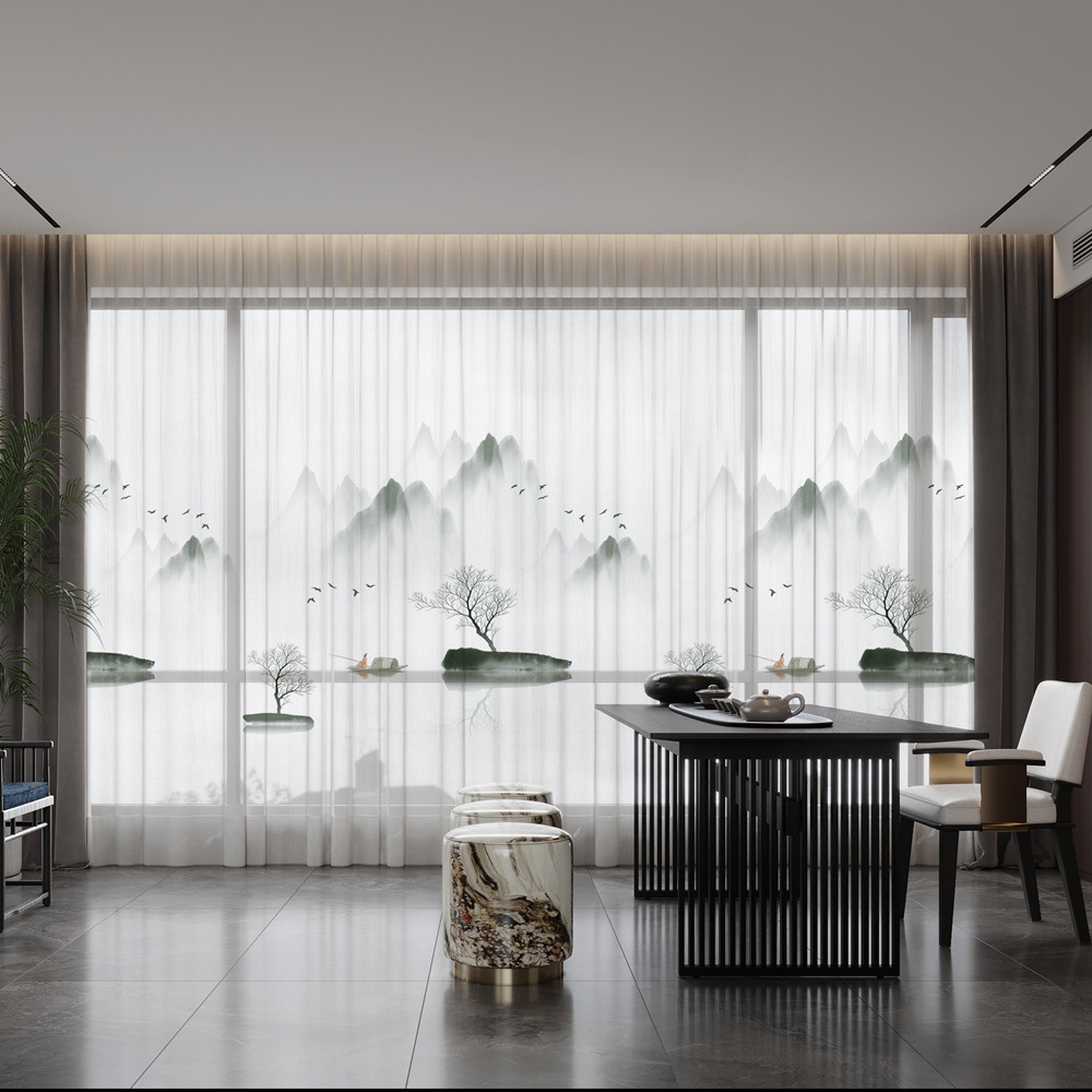 YL-36739 New Chinese style landscape painting all-match chiffon window screen living room bedroom tea house temple light-transmitting and non-transmit