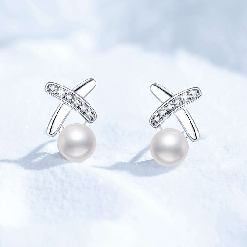 S Pure Sier Earrings Freshwater Pearl for Women Korean Style X-shaped D Color Moissanite Studs e9c