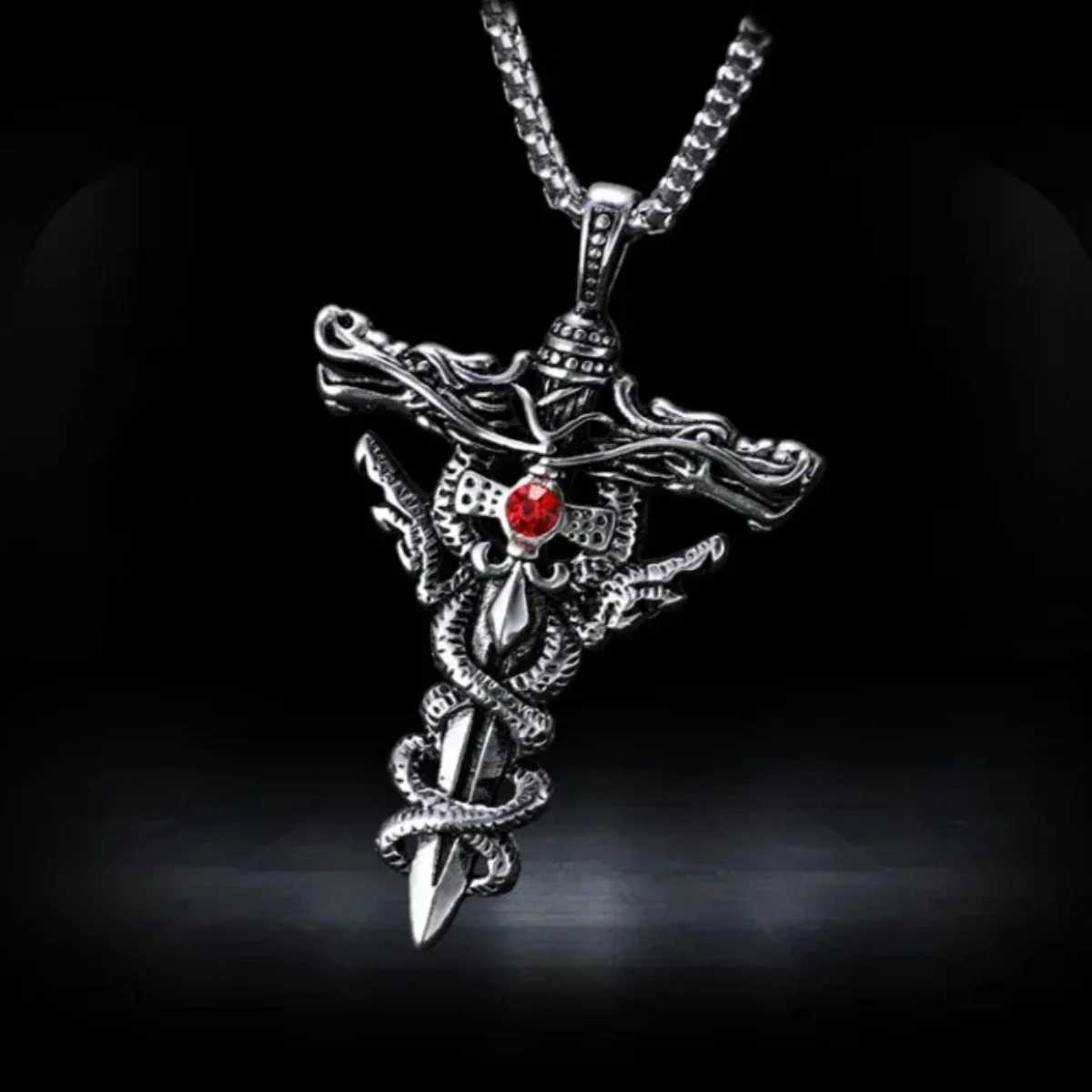 Mens Punk Necklace - Titanium Steel Gothic Dragon Sword Evil Eye Cross Pendant Vintage Dark Jewelry Gift W250718