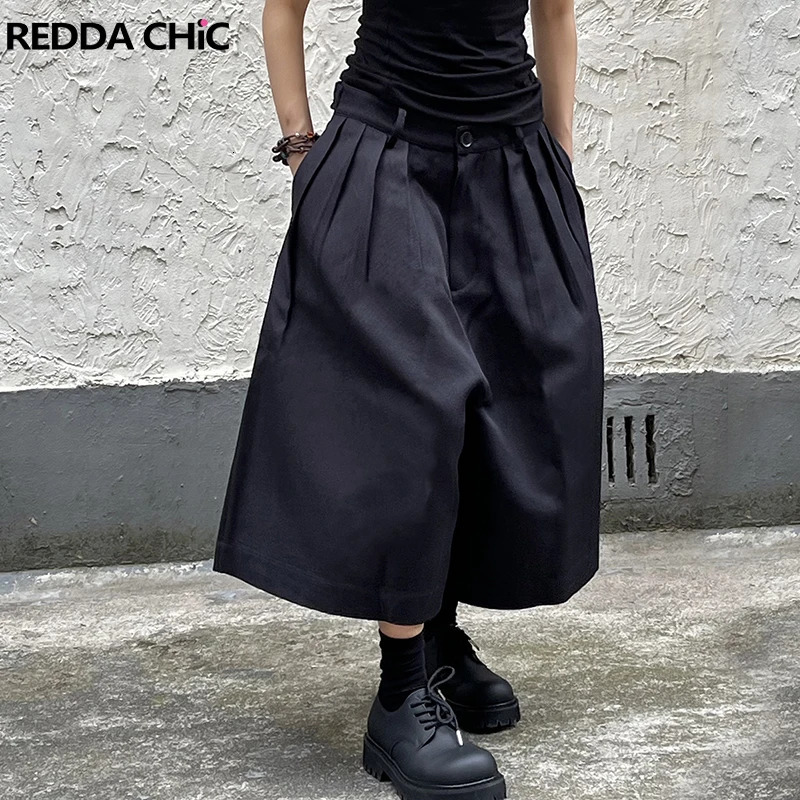 REDDACHiC Unisex Black Baggy Jort Bloomers High Waist Pleated Front Plain Casual Wide Leg Short Pants Acubi Fashion 250714