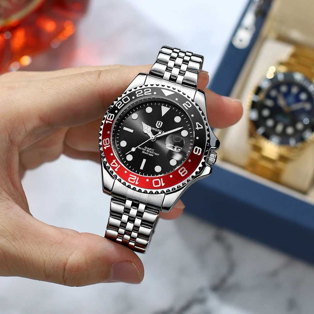 Qingxiya Brand New Fashion Date Quartz Watch Men Stainless Steel Waterproof Luminous Bezel Rotation Luxury Men Watches Relogio W250718