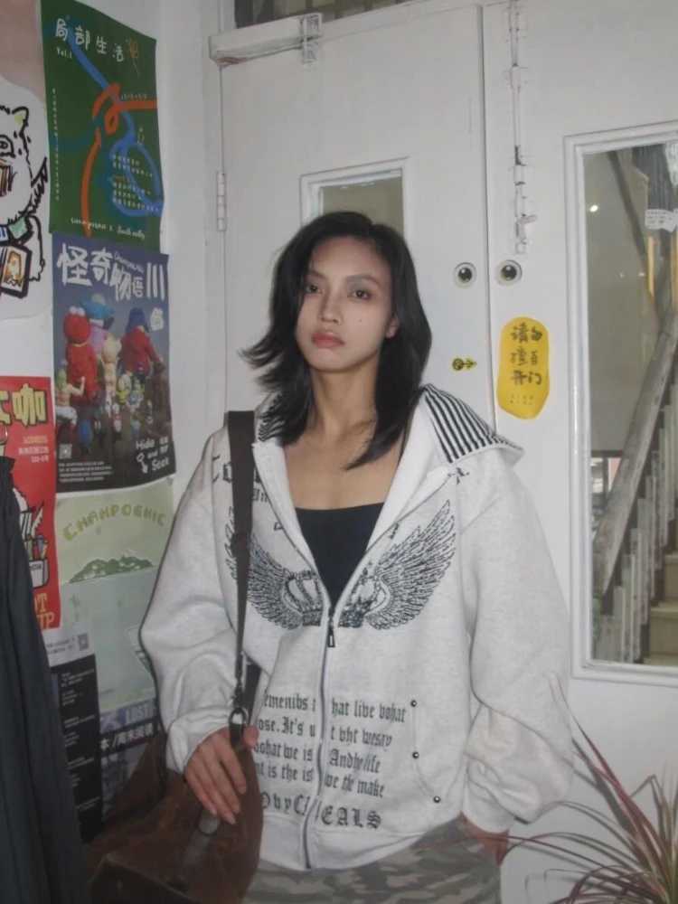 Vintage Sweatshirts 2024 Womens Clothes White Print Tunic Hooded Y2k Coat Streetwear Fashion Casual Hoodies Tops Ropa Mujer Z250719