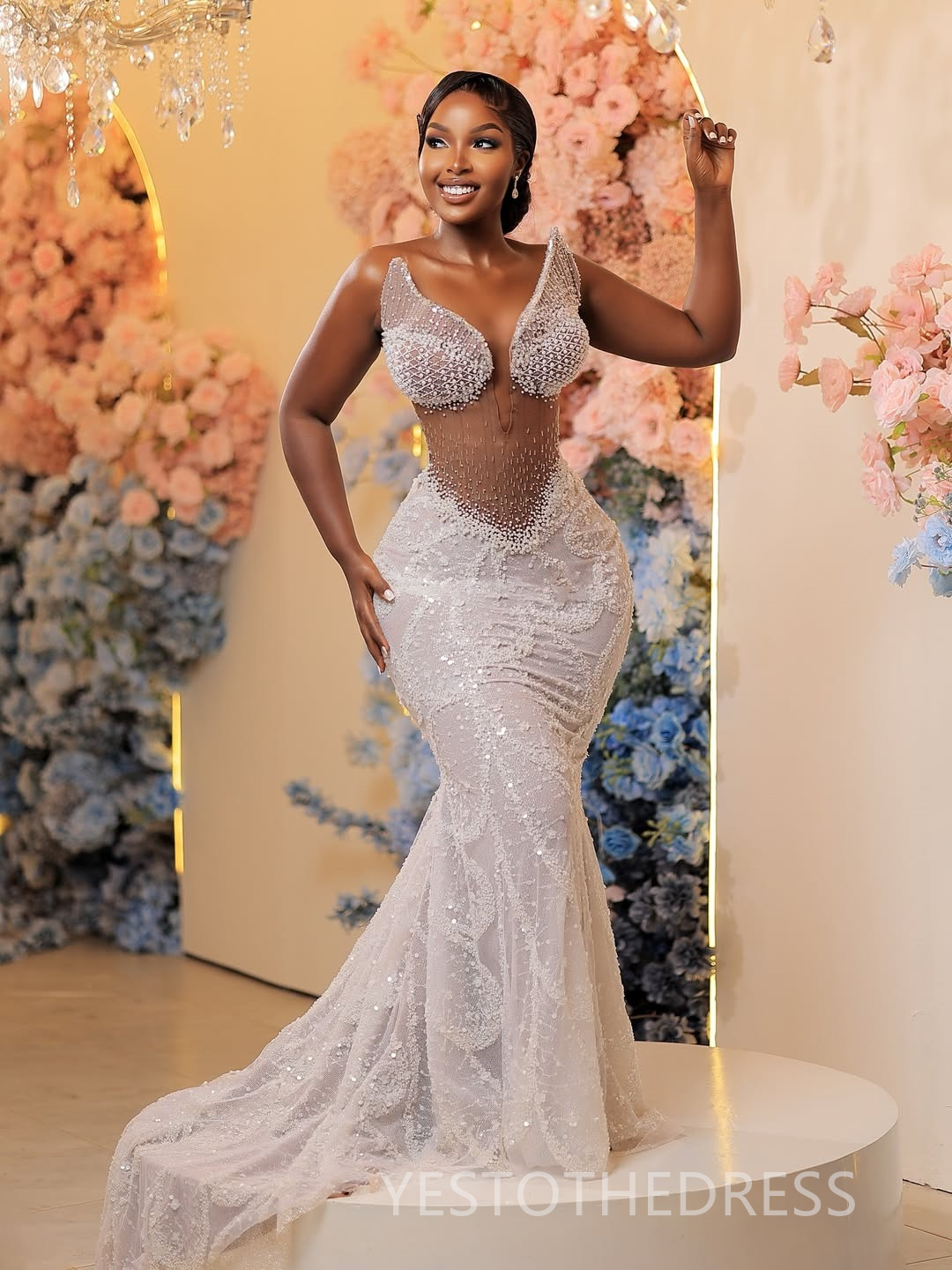 2025 African Ivory Aso Ebi Prom Dress Mermaid Prom Dresess Evening Formal Gowns V Neck Sexy Beaded Lace Pearls Birthday Second Reception Gown For Blac
