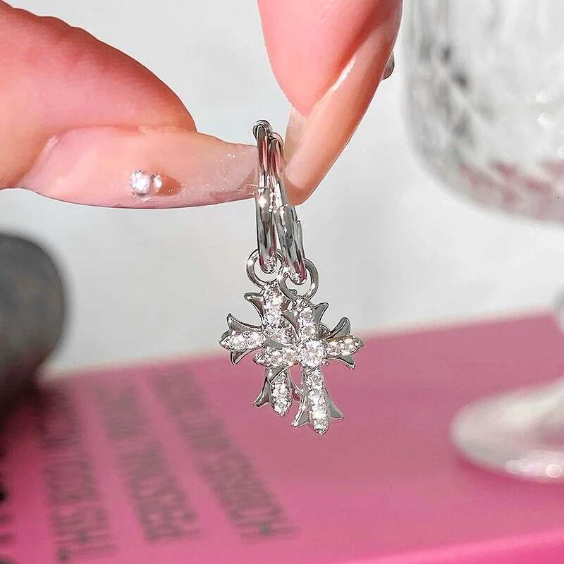 Super Shiny Dia-studded Designer Jewelry Cross Pendant Double Ear Hole Stackable Versatile Hoop Earrings For Women