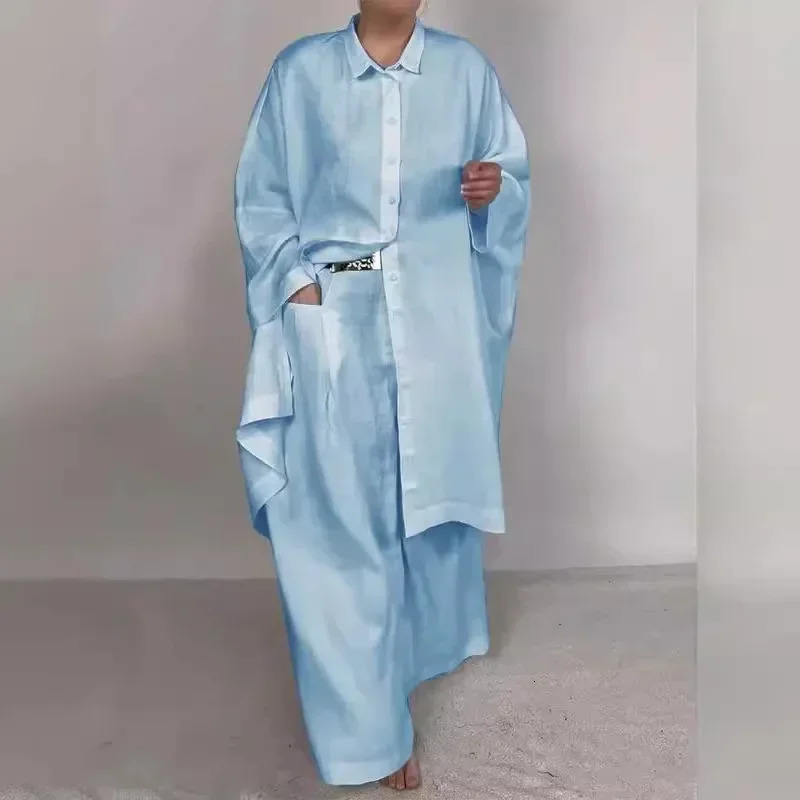 Women 2pcs Clothes Set Loose Solid Color Long Shirt Wide Leg Pants Two-Piece Set Single Breasted 250715