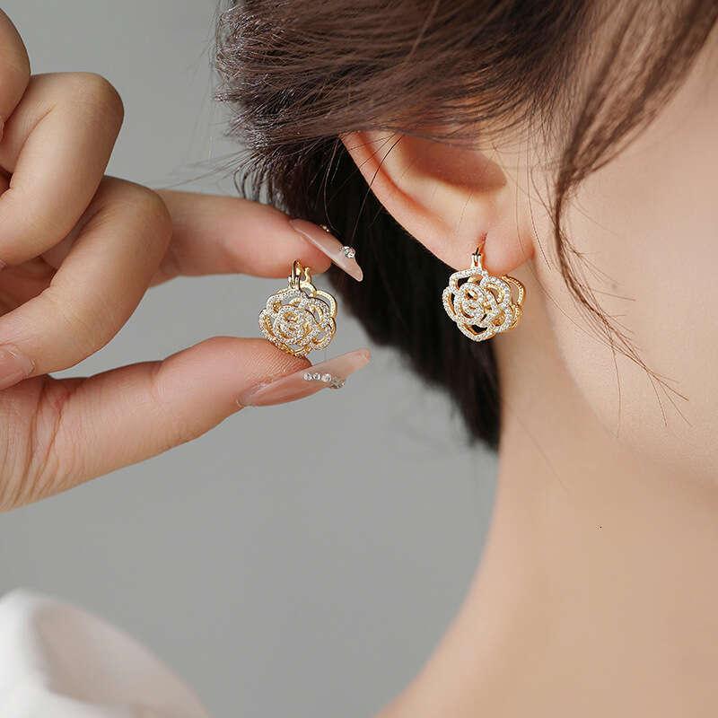New Double-Sided French Rose Zircon High-End Design Sense Light Earrings Small Exquisite Versatile Ear Clips
