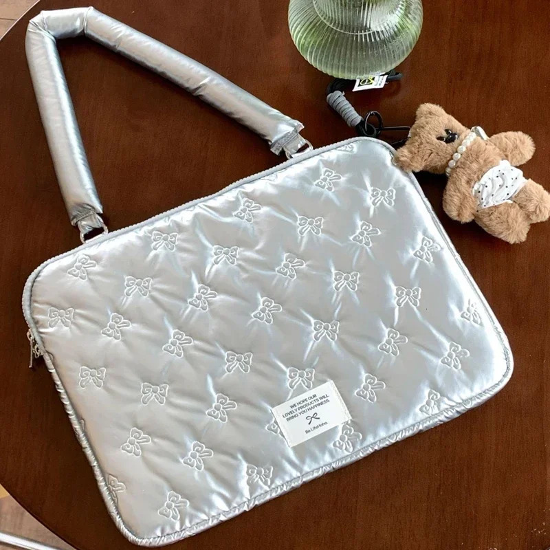Silver Shoulder Computer Bag Korea Women Bow Travel Organizer Canvas Bookbag Laptop Daypack Computer Inner Bag Storage Bags 250717