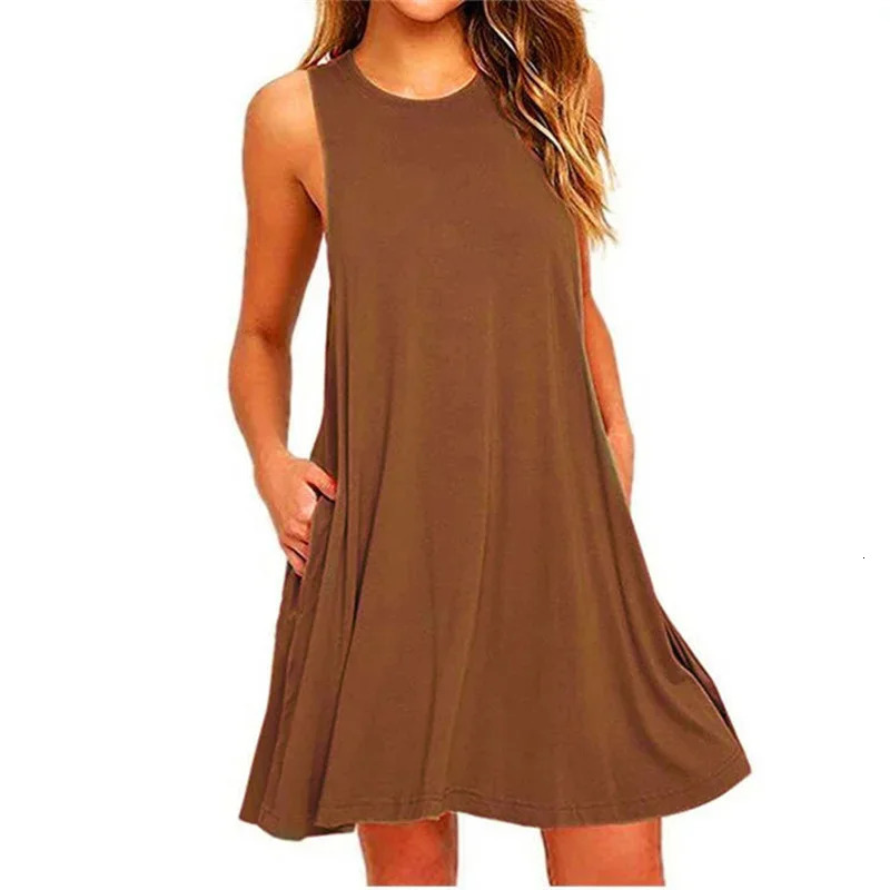 Womens Dress Summer Casual T Shirt Dresses Beach Cover up Plain Pleated Tank Pockets 250717