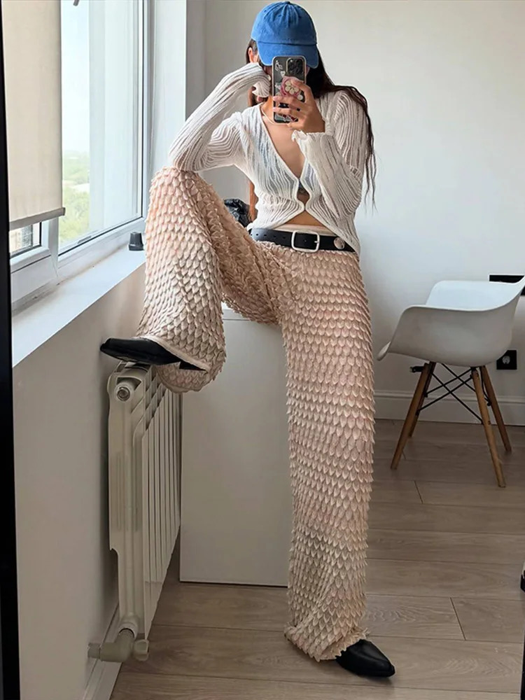 Knitted Scale Thin Sweater Long Pant Set Lady Casual O-neck Sweaters Loose Straight Pants Sets Women Chic Street Outfits 250714