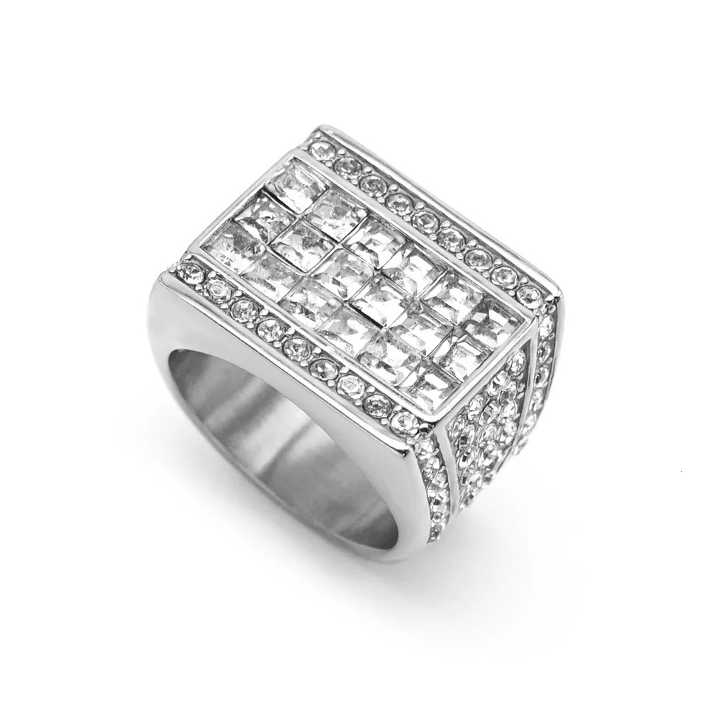 iced Out Mens Ring Gold Color Stainless Steel Cubic Zirconia Shiny Big Square Rings For Men Rapper Hip Hop Jewelry Drop 250717