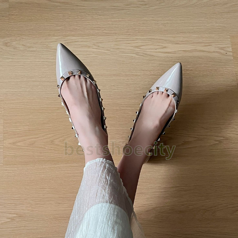 designer heels loafers womens fashion pointed-toe dress shoes soft comfort patent leather luxury metal rivets ballet flats women mary jane shoes
