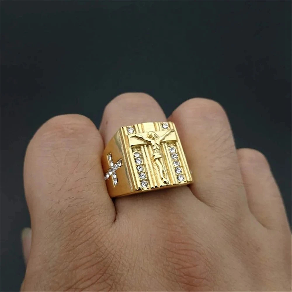 Hip Hop Iced Out Religious Jesus Cross Ring Gold Color Stainless Steel Christian Rings For Women Men Wholesale Mens Ring 250717