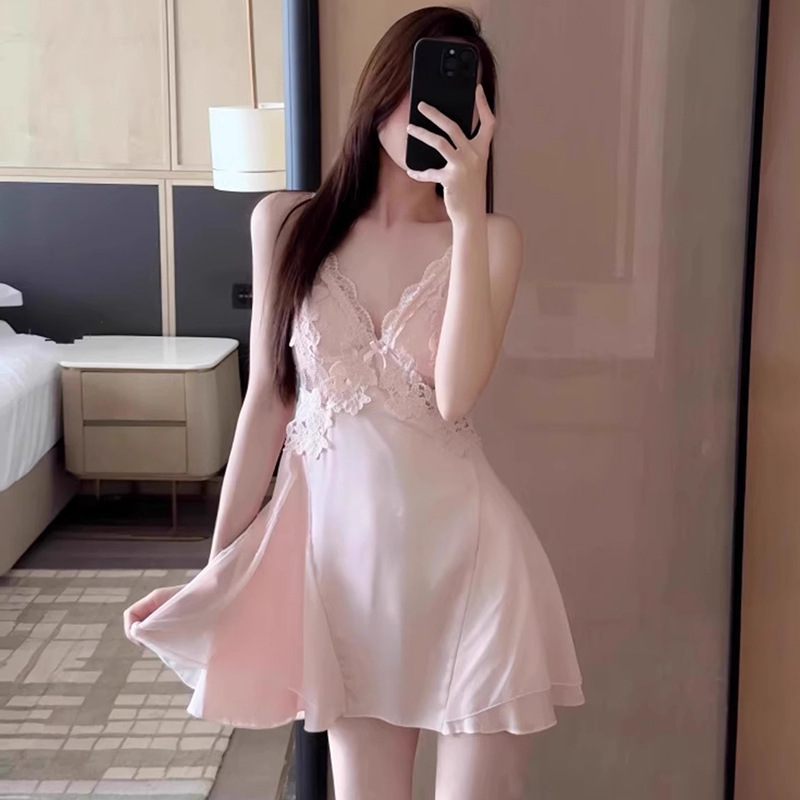 B978-Pajamas women's ice silk summer with chest pad beautiful back lace water-soluble flower sling nightdress pure desire style home clothes