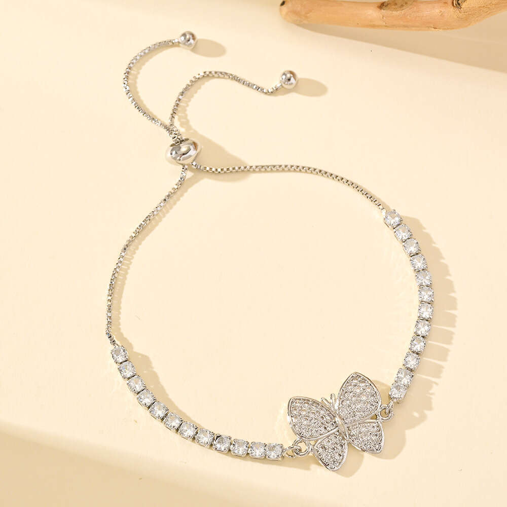 Light Inlaid Butterfly Bracelet for Women, Ins Fashion High-end Full Dia Adjustable Push-pull Chain Jewelry