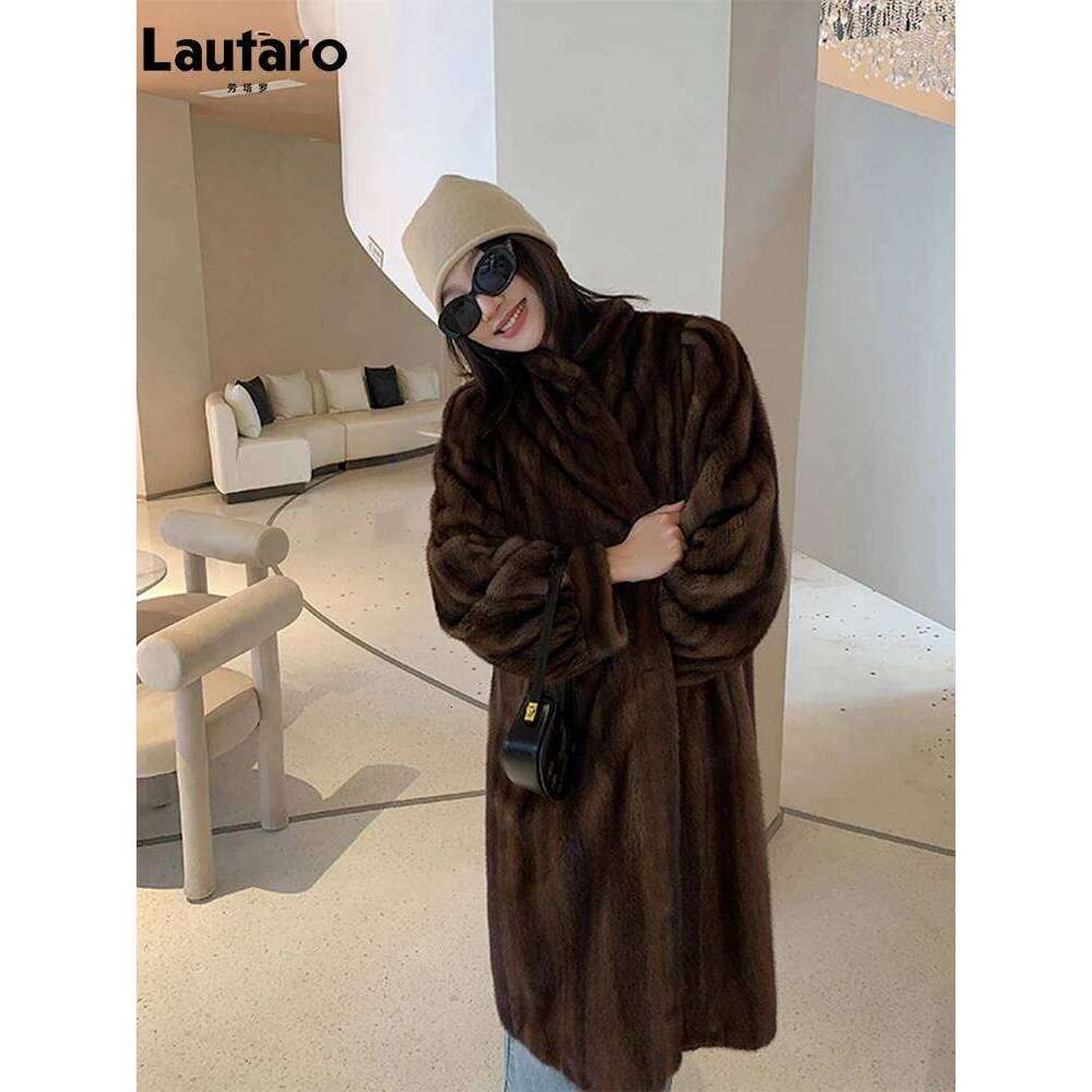 Lautaro Winter Long Brown Thick Warm Soft Faux Mink Fur Coat Women Puff Sleeve Elegant Chic Fluffy Furry Overcoat 2023 MDNG