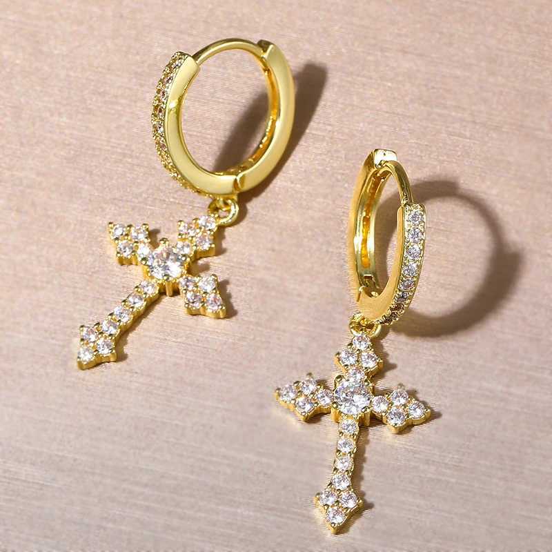 Fashion Punk Gold Color Cross Stud Earrings Hip Hop White Litter Rhinestone Jewelry Piercing Studs for Women Men Ear Accessories XJ250718