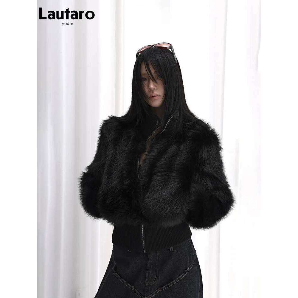 Lautaro Spring Winter Short Black Soft Thick Warm Hairy Faux Fur Coat Women Zip Up Designer Clothes Fluffy Jacket 2025 MDNG