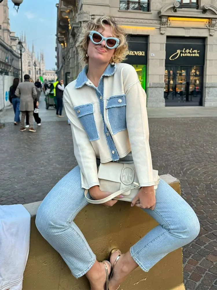 Chic Womens White Denim Patchwork Shirt With Pockets ShortLength Spring Comfortable Fit Casual Streetwear For Woman 250709