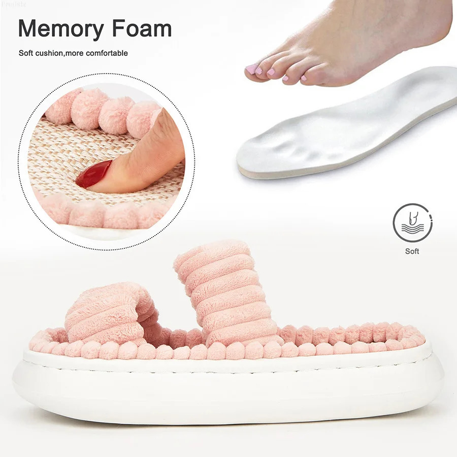 Women Home Slippers Warm Plush Ladies Fluffy Shoes Cozy Open Toe Indoor Fuzzy Slides Bottom Non-Slip Bedroom Slippers 250716