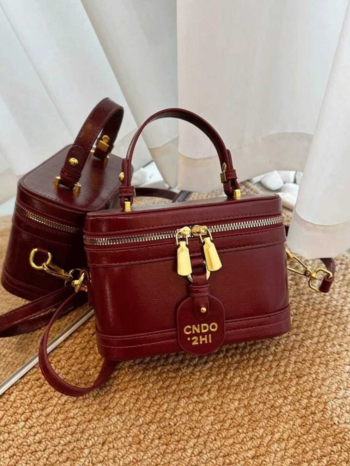 Vintage Leather Tote Bag with Gold Zippers Adjustable Straps - Red/Black/Varnish Red Multi-Color Optical Glossy Finish Crossbody Y250718