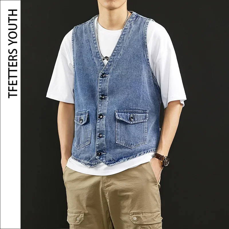 TFETTERS Summer Denim Vest Men Japanese Casual Loose Washed Old Sleeveless Coat Fashion Solid Color Collarless Jacket 250707