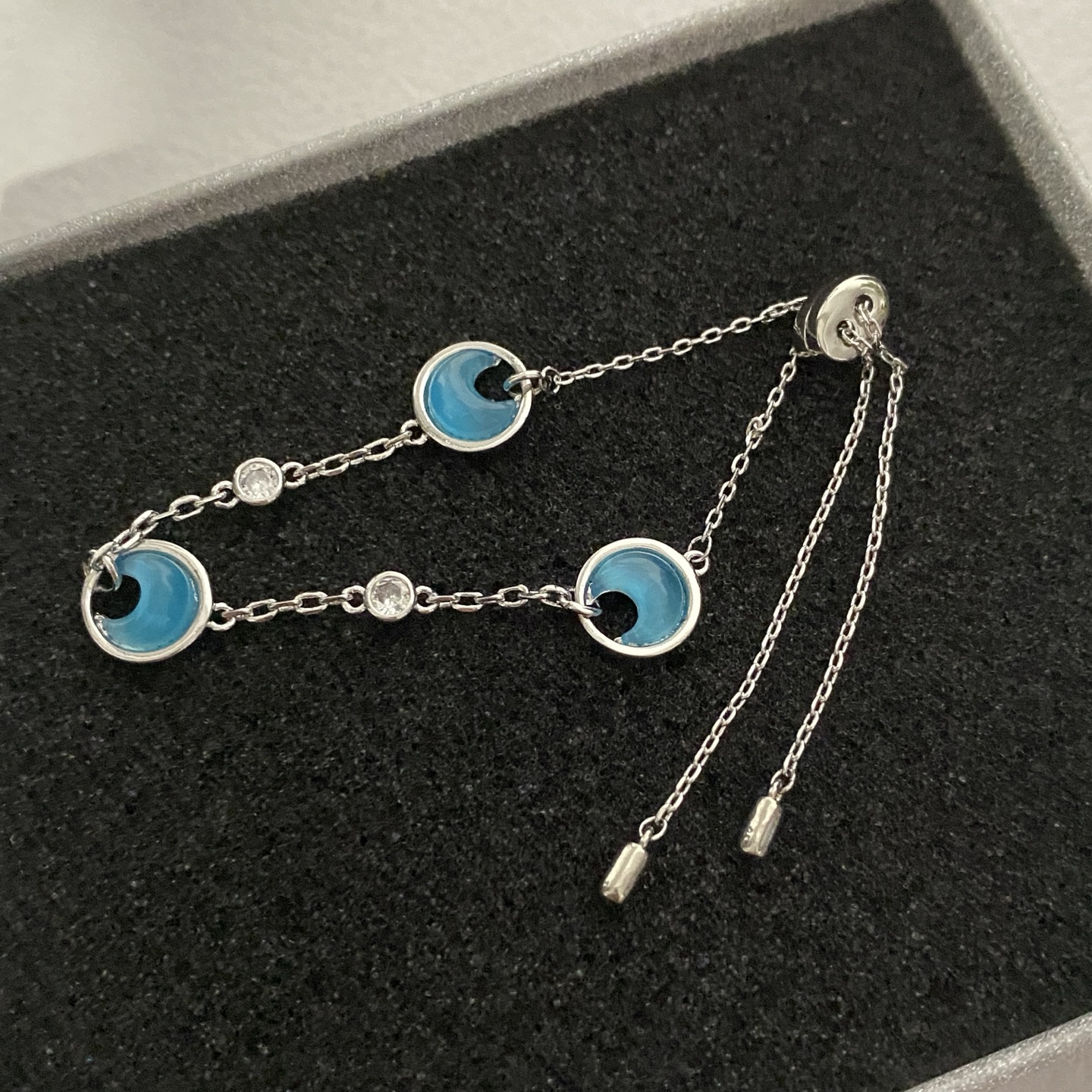 Silver - Toned Bracelet With Blue Enamel, Circular Cutouts, And Rhinestone Accents Artistic Daily & Elegant Jewelry Gift For Her High - Quality And St