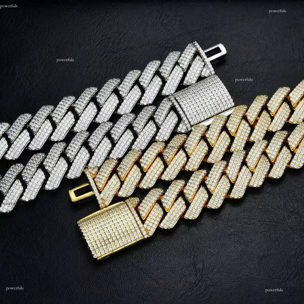 3 Rows 15mm Width Solid Sier Moissanite Cuban Link Chain Men's Hip Hop Necklace Puluows