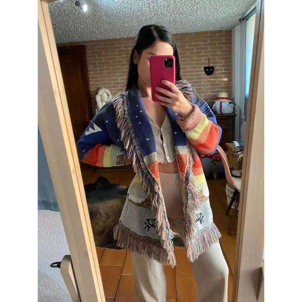 Designer Clothing Boho Inspired Hand-Made Overisized Jacquard Cardigan Fringed Trims Long Sleeve Sweater Winter Clothes Women Fashion
