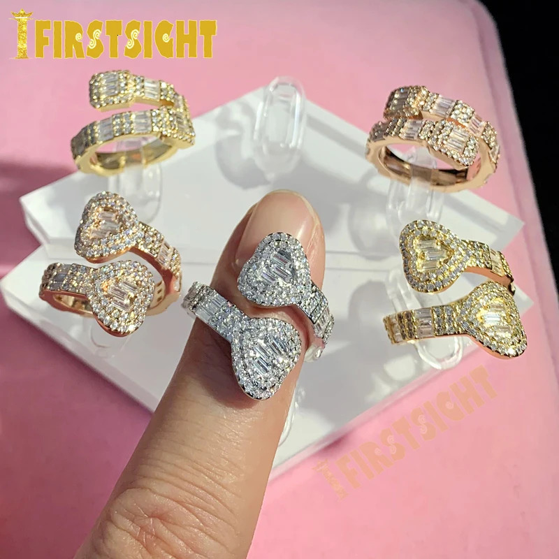 Iced Out Bling Square Heart CZ Adjustable Size Ring Gold Silver Color Micro Pave Rings Hip Hop for Men and Women Jewelry 250717
