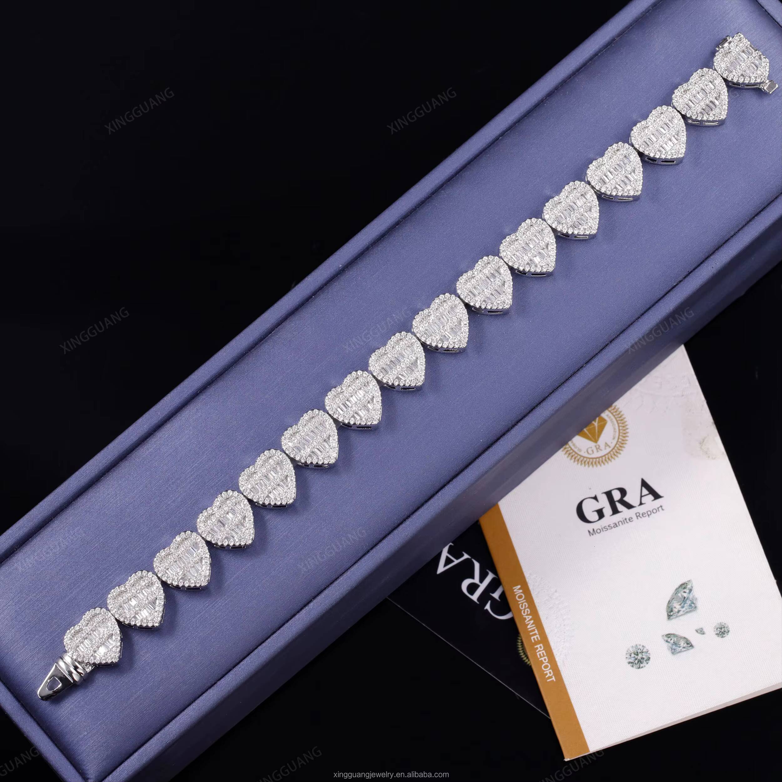 Fine Hip Hop Jewelry Sterling Silver 925 Iced Out Moissanite Heart Cuban Link Chain Bracelet for Wholesale Price