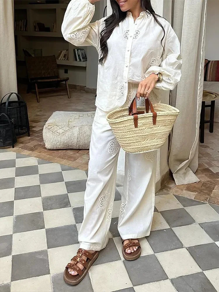 Womens Hollow Out Shirts Trouser Suits Long Sleeve O-Neck Solid Lady Sets 2025 Summer Fashion 2 Pieces Set Women Outfits 250715