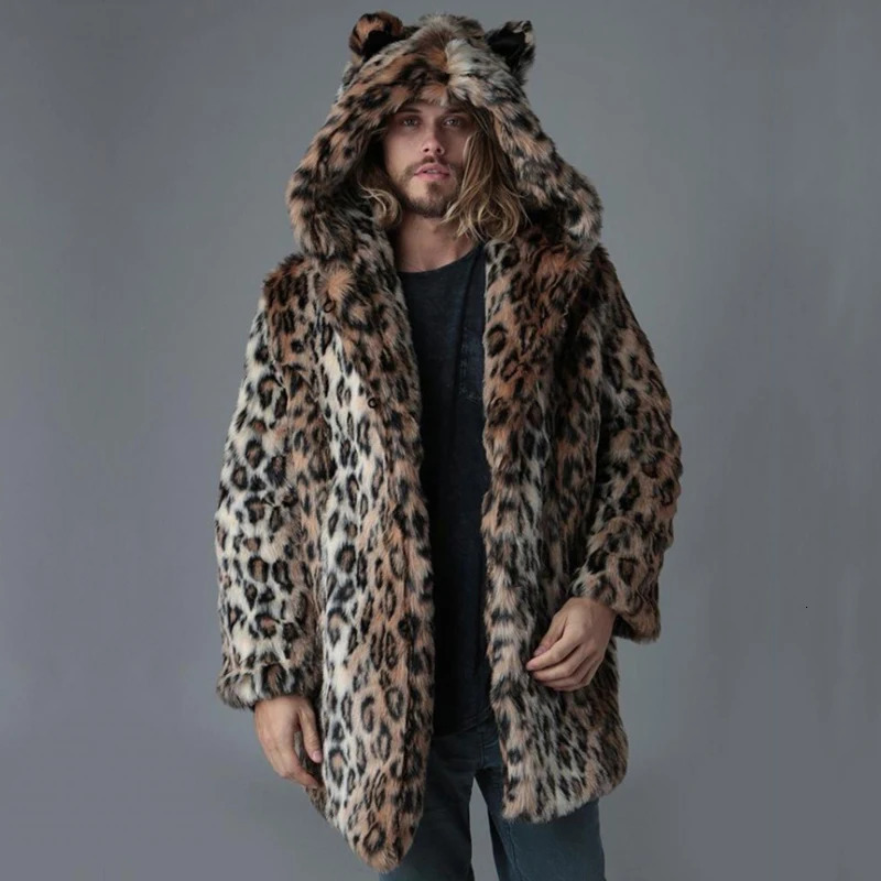 Plus Size Faux Fur Jacket For Men Winter Male Leopard Fur Jacket Long Style Hooded Fur Overcoat Warm Men Fur Outerwear leisure 250715