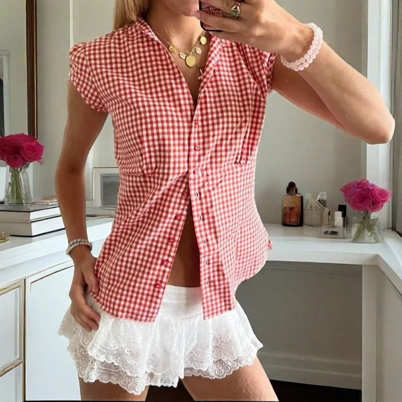 Xingqing Fairy Coquette Shirts y2k Clothing Women Plaid Print Single Breasted Short Sleeve Blouses Tops 2000s Clothes Streetwear 250717