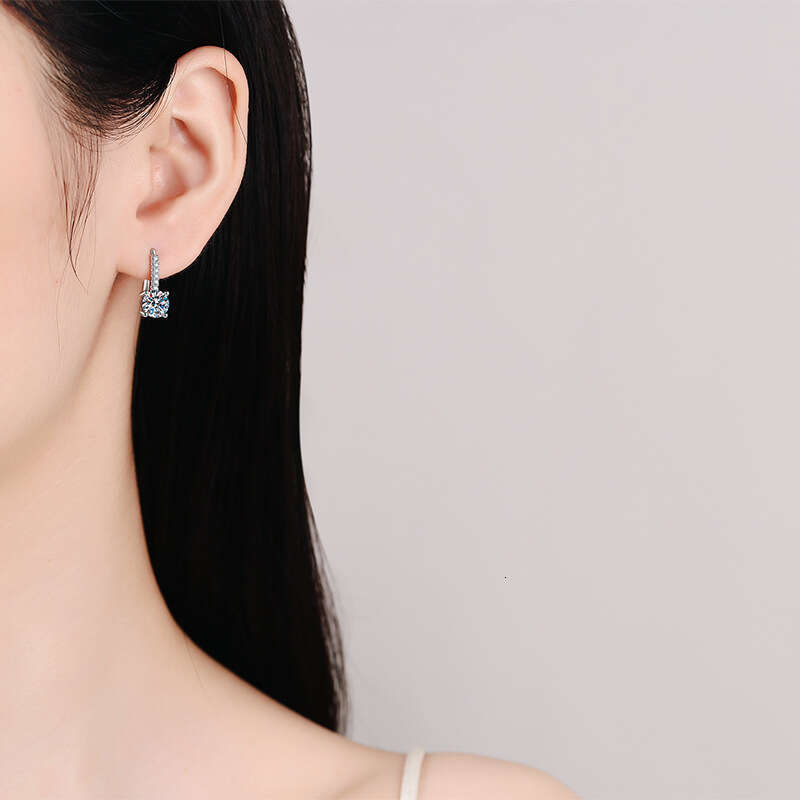 S Pure Sier French Four-Prong Moissanite Dia D Color 1 Carat Earrings Elegant Simple Ear Hooks cc3