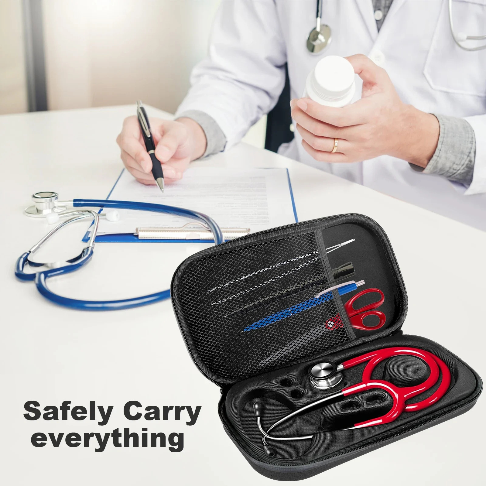 Portable Stethoscope Storage Box with Mesh Bag Travel Carrying Case Hard Drive EVA Pen Medical Organizer for 3M Littmann ADC