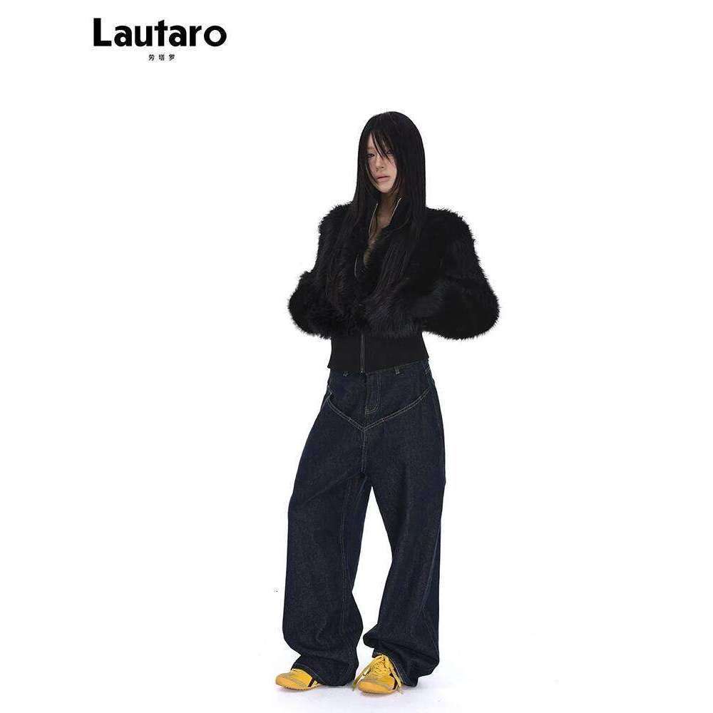 Lautaro Spring Winter Short Black Soft Thick Warm Hairy Faux Fur Coat Women Zip Up Designer Clothes Fluffy Jacket 2025 MDNG