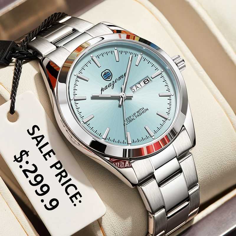 PAZOMU Luxury Men Watch Date Week Waterproof Luminous Stainless Steel Watch For Man Casual Quartz Mens Watches Male Sport+Box W250718