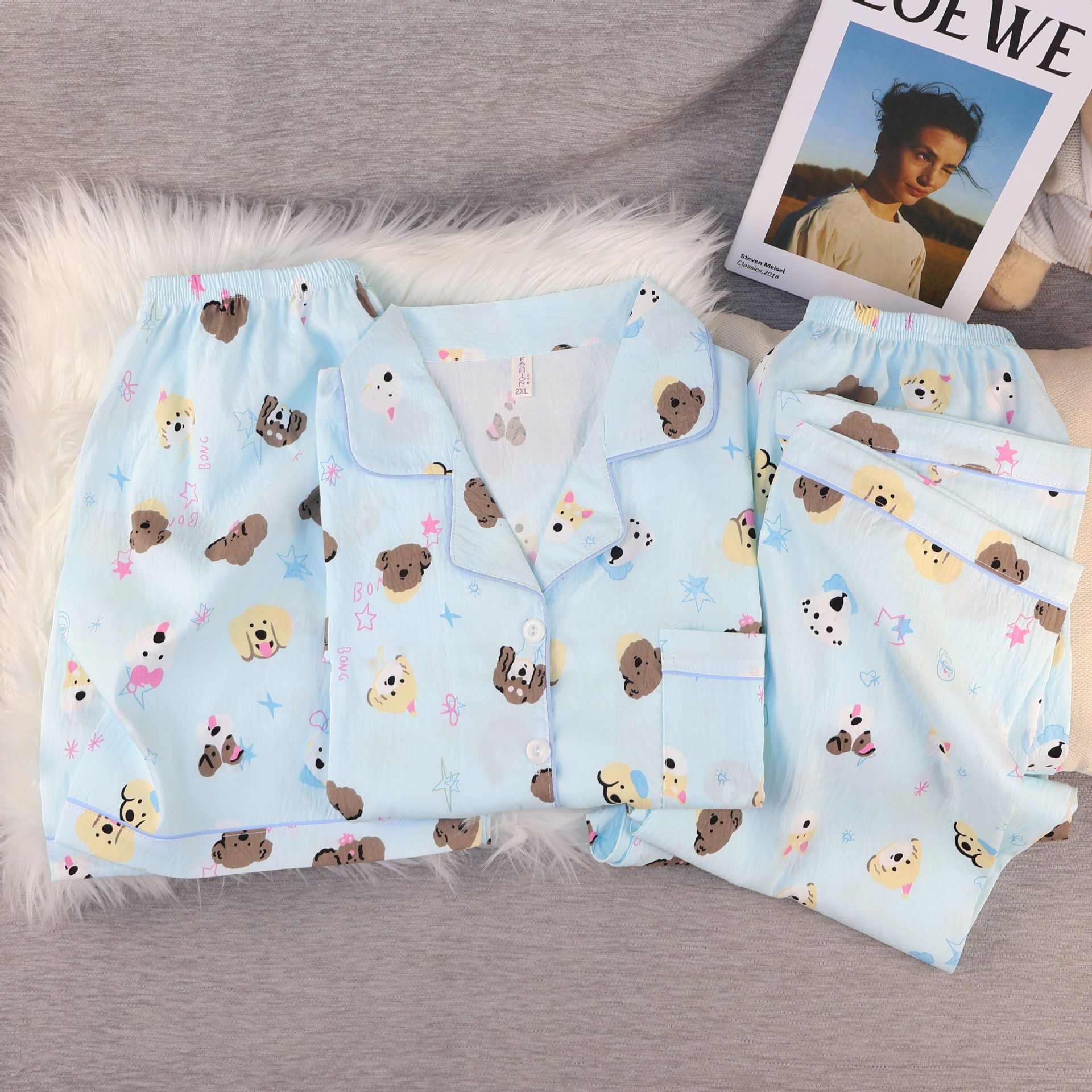 B979-Three-piece set of cloud cotton new style cartoon pajamas for women, sweet and cute short-sleeved shorts, cardigan, lapel home clothes suit